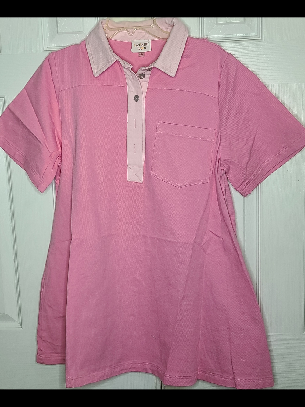 Fantastic Fawn Pink Short Sleeve Polo Button Front Denim Dress - Picture 3 of 6